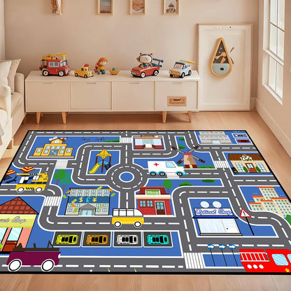 3'5' Car Track Rug Blue Road Rug for Kids, Car Traffic Road Play Mat for Kids Room Bedroom Decor