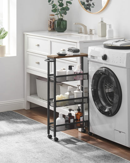 VASAGLE Slim Rolling Cart, 4-Tier Narrow Storage Cart with Handle, 5.1 Inches Deep, Metal Frame, for Kitchen, Dining Room, Living Room, Home Office, Rustic Brown and Classic Black ULRC032B01V1