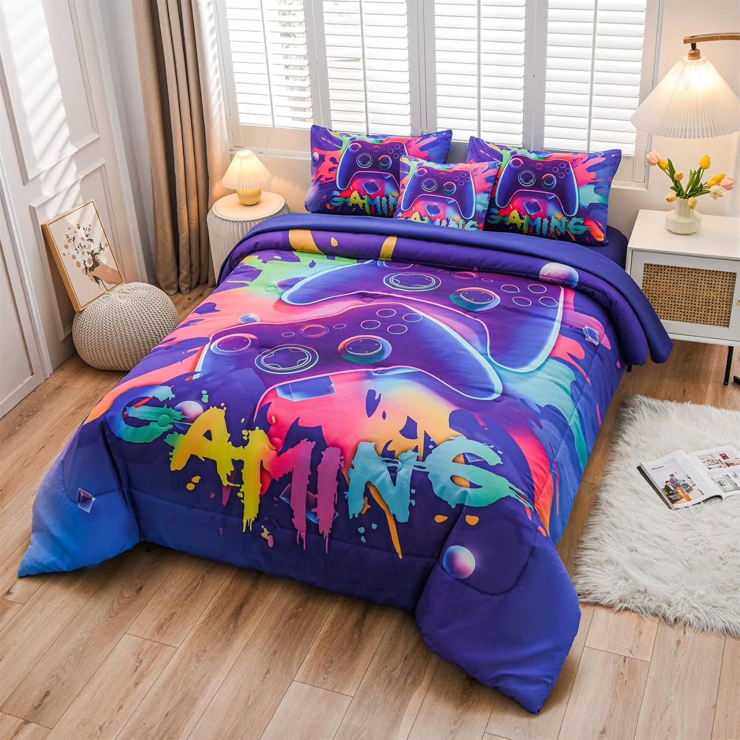 Aimuan Gaming Comforter Sets for Boys Kids Bedding Sets, Video Games Console Action Buttons, Twin 6 Pcs, Purple