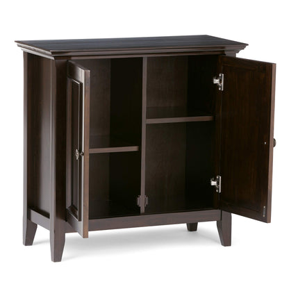 SIMPLIHOME Amherst 32-inch Wide Solid Wood Transitional-Style Low Storage Cabinet in Hickory Brown for Living Room, Entryway, or Dining Area with Adjustable Shelves
