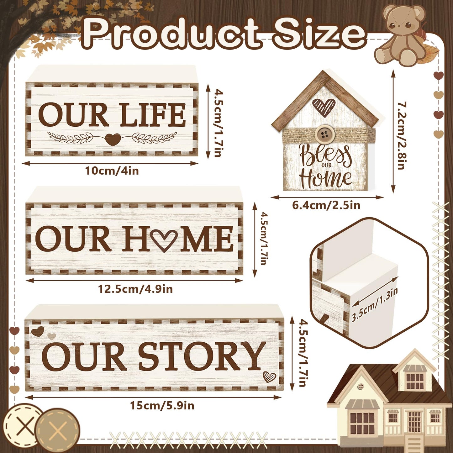 4 Pcs Rustic Farmhouse Decor Wooden Tiered Tray Decor, Rustic Family Table Decorations Our Life Story Stack Block Sign Neutral Home Tabletop Centerpieces for Kitchen Shelf Entryway Coffee Desk