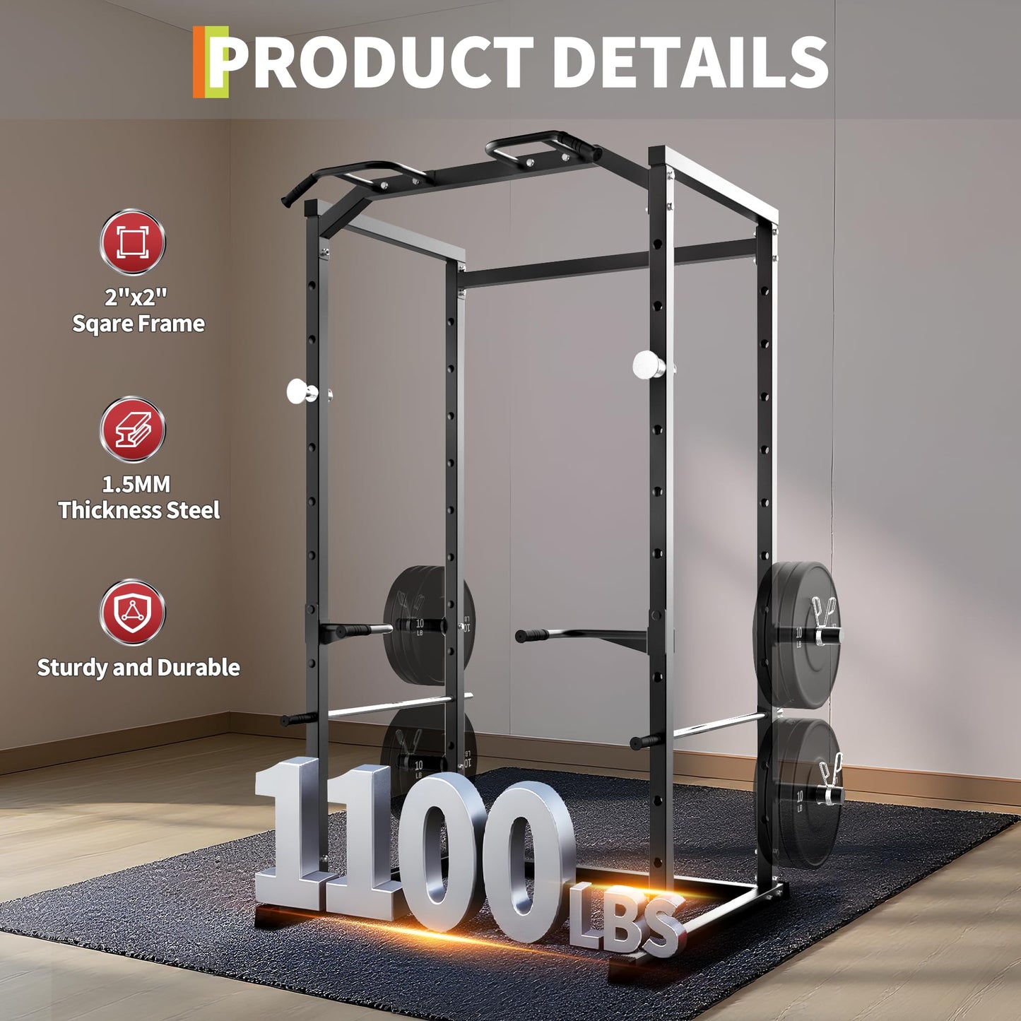 Garvee Power Cage, Squat Rack for Home Gym, 1100LB Capacity Power Rack with Pull-Up Bar, Adjustable Safety Bars, Strength Training for Home Gym, Black
