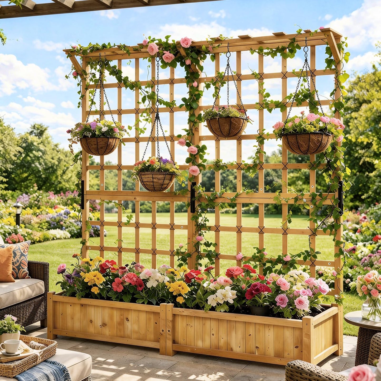 Aoxun 108" Raised Garden Bed with Trellis, Wood Planter Container with Hanging Roof & Garden Boxes for Climbing Plants Flowers Vine (3 piece)