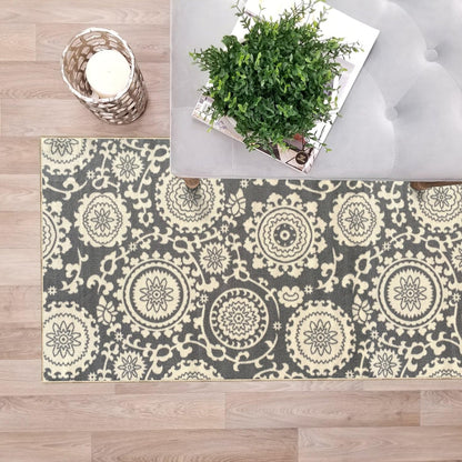Custom Size Grey Floral Medallion Rubber Backed Non-Slip Hallway Stair Runner Rug, 22 inch Wide