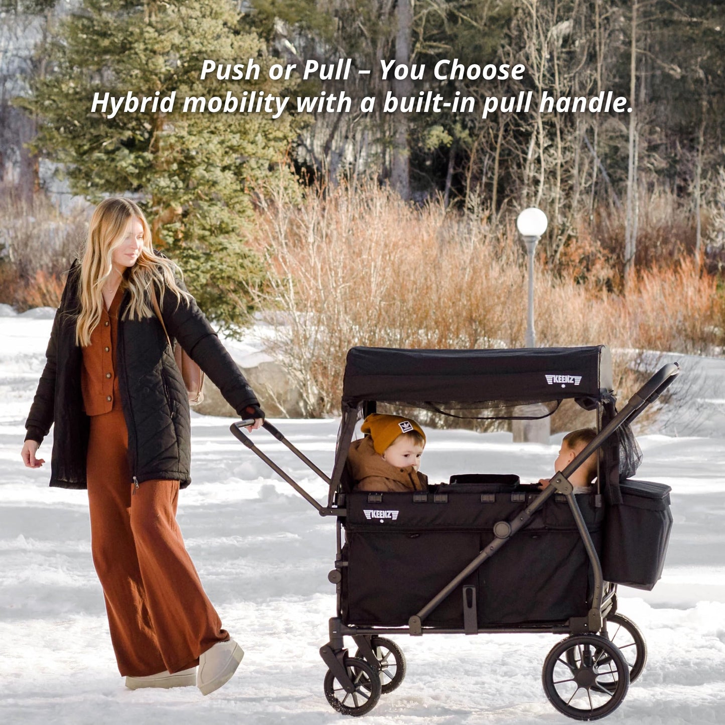Keenz Viva 4-Passenger Compact Stroller Wagon for Kids with Foldable Frame, Push/Pull Handle, EVA Wheels, and Mosquito Net Canopy – Lightweight Wagon for Families, Black