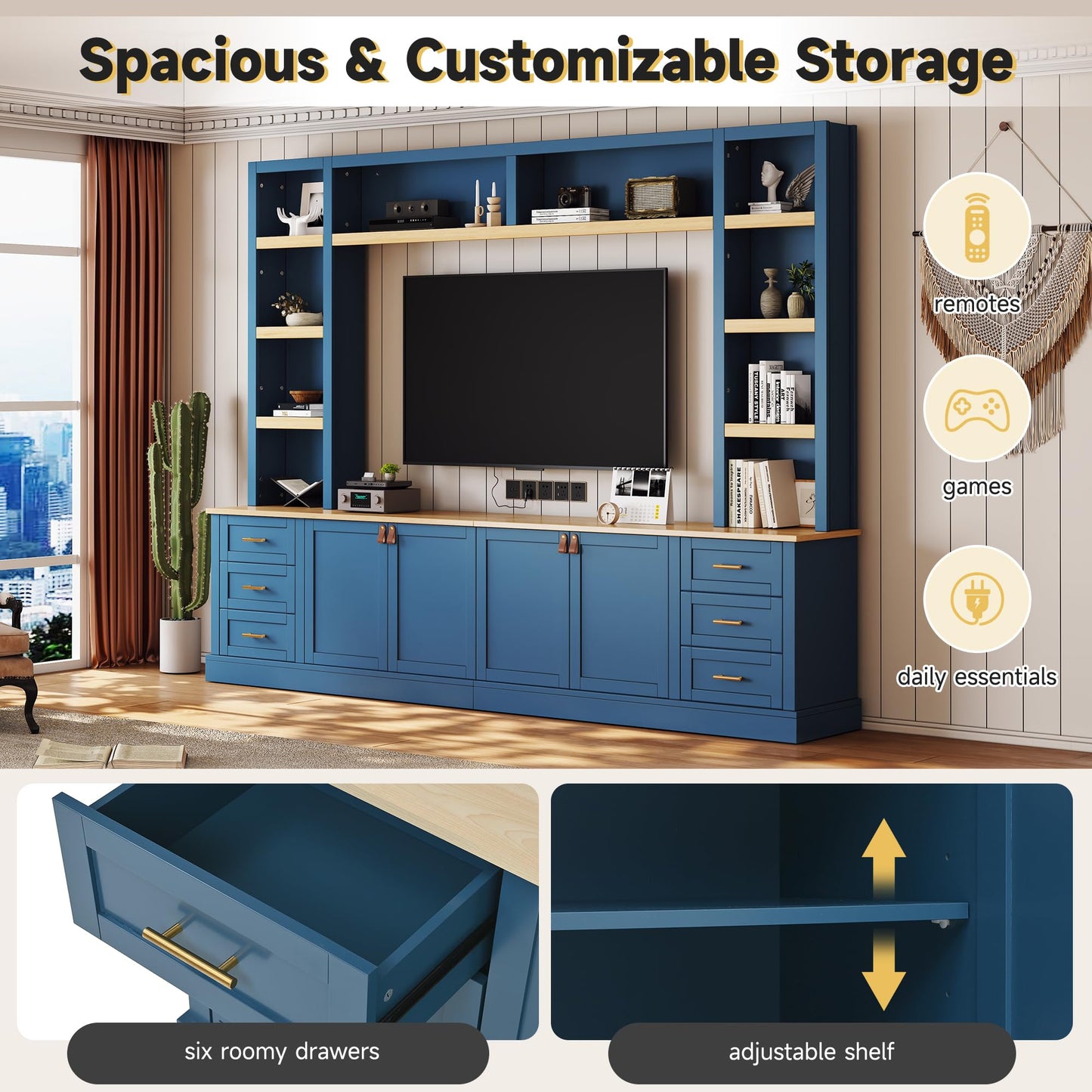 Merax 102.3 Inch Wide Farmhouse Entertainment Center, Rustic TV Stand with 6 Drawers & Adjustable Shelves, Large Media Console for TVs up to 75", Modern Bookshelves Wall Unit, Blue