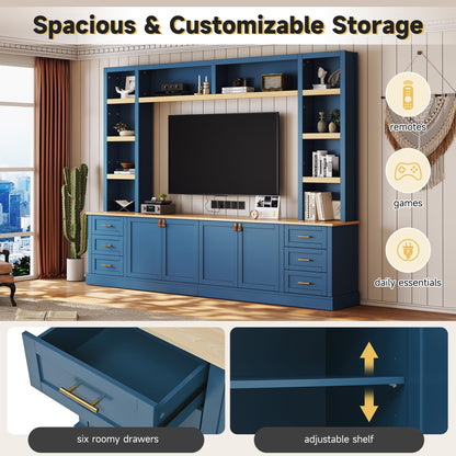 Merax 102.3 Inch Wide Farmhouse Entertainment Center, Rustic TV Stand with 6 Drawers & Adjustable Shelves, Large Media Console for TVs up to 75", Modern Bookshelves Wall Unit, Blue