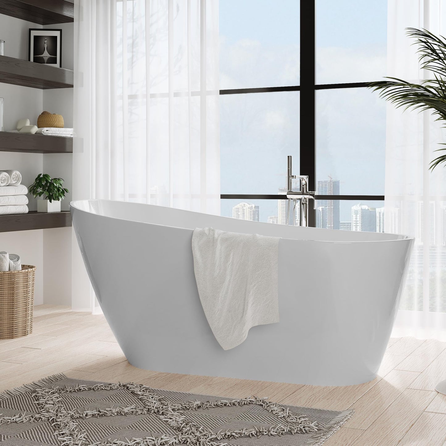 67" Acrylic Freestanding Bathtub, Modern Free Stand Bathtub with Chrome Drain & Overflow, Home Spa, Glossy White