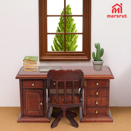 1/12 Scale Wooden Dollhouse Desk and Chair Set, Miniature Office Furniture, Computer Table Accessory, Retro Writing Simulation Doll House Accessories for Photo Props Scene