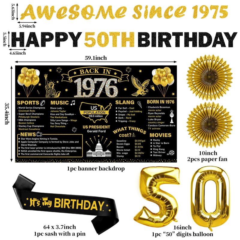 Turypaty 1976 50th Birthday Decorations for Men Women, Black Gold Happy 50 Years Old Birthday Banner Backdrop Wall Sign Balloons Sash Table Cake Topper Honeycomb Centerpieces Paper Fans Party Supplies