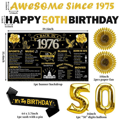 Turypaty 1976 50th Birthday Decorations for Men Women, Black Gold Happy 50 Years Old Birthday Banner Backdrop Wall Sign Balloons Sash Table Cake Topper Honeycomb Centerpieces Paper Fans Party Supplies