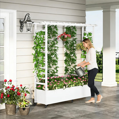 Sunnibety Raised Garden Bed with Trellis & Hanging Roof, Weatherproof Metal Planter Box with Wheels, Garden Arch Trellis for Outdoor Climbing Plants Vines Flowers, 74" H x 77" L x 17" W, White