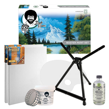 Jerry's Artarama Exclusive Set of 6 Bob Ross Oil Painting Set with Easel, 32oz Lavender Brush Cleaner, Acrylic Palette, Brushes, Canvases, and Cleaning Bucket and Screen