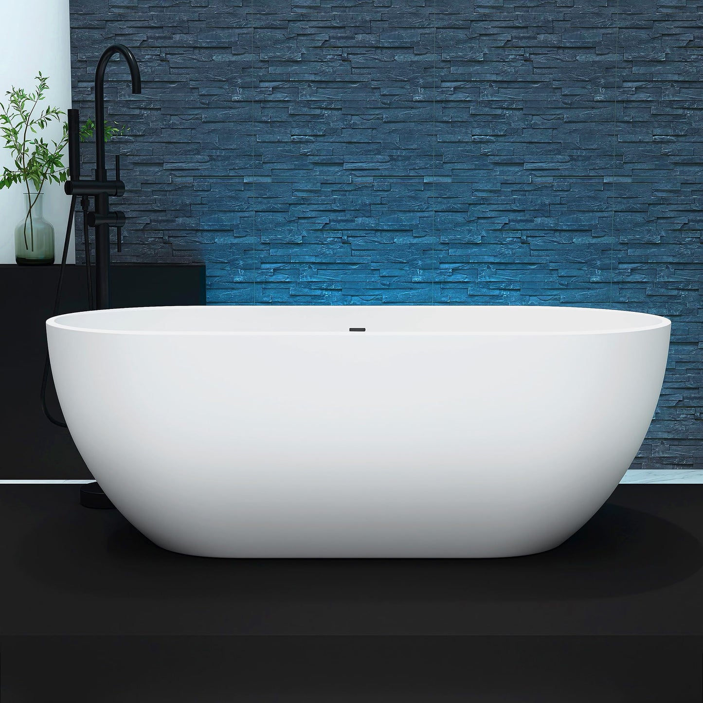 MEDUNJESS 59'' Freestanding Tubs Bathtub Bathroom Solid Surface Resin Stone Bathtubs soaker Tubs Oval Shaped Matte Luxury Modern Soaking Tub with Overflow and Pop-up Drain - White