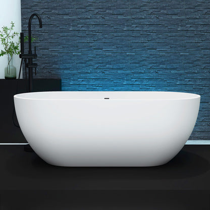 MEDUNJESS 59'' Freestanding Tubs Bathtub Bathroom Solid Surface Resin Stone Bathtubs soaker Tubs Oval Shaped Matte Luxury Modern Soaking Tub with Overflow and Pop-up Drain - White