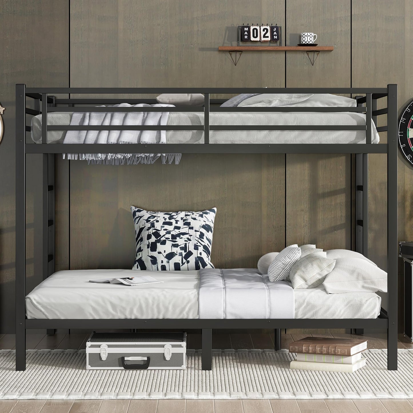 Bellemave Adults Bunk Bed Queen Size, Queen Size Bunk Beds Frame with Safety Guardrail and Build in Ladder, Easy Assemble Bunkbeds, Mattress Not Included, Black