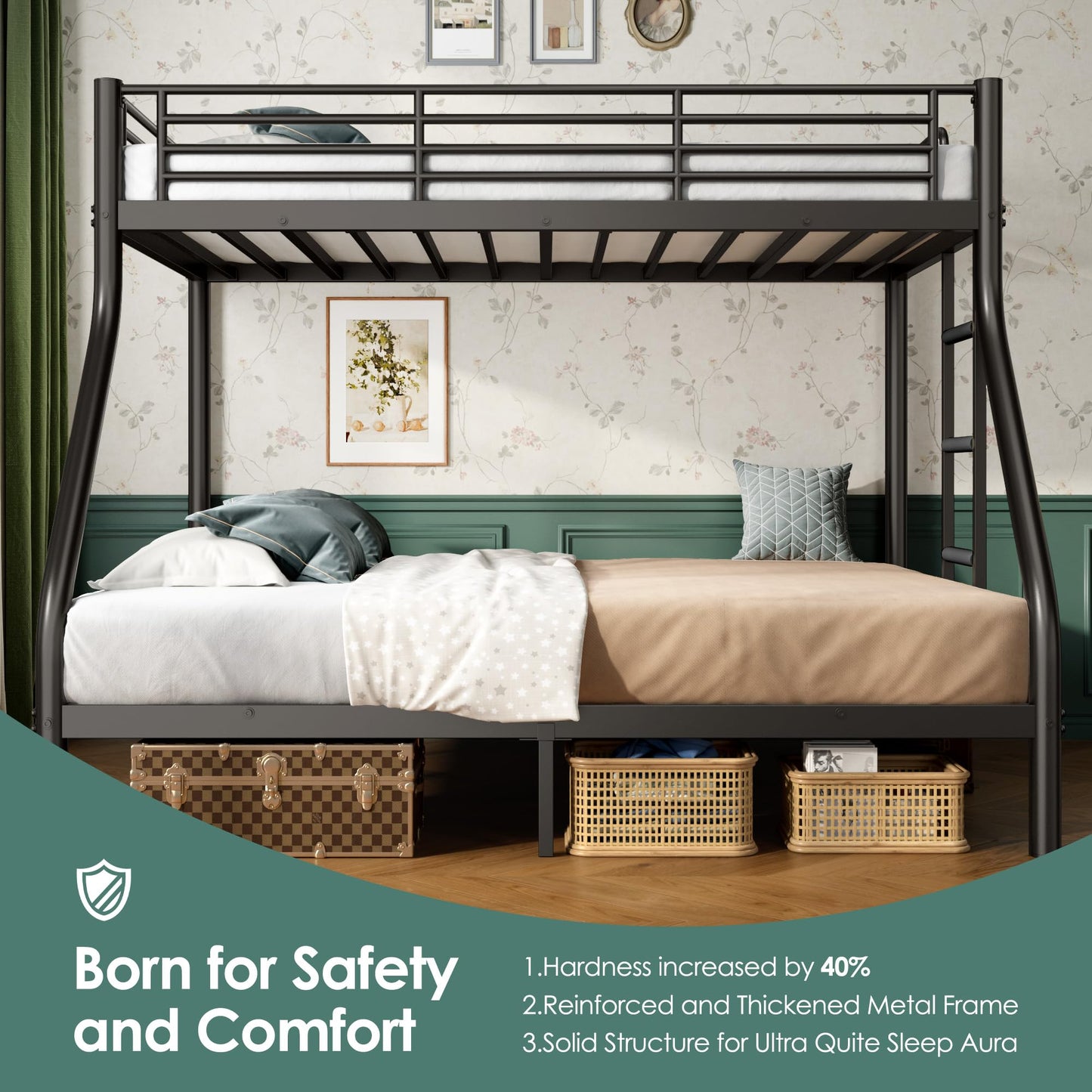 Cyranture Twin XL Over Queen Bunk Bed Size, Heavy Duty Bunk Beds with Bottom Space & Guardrail Metal Bunk Bed Frame for Adults Dorm Bedroom Guest Room, No Box Spring Needed（Upgrate Black）