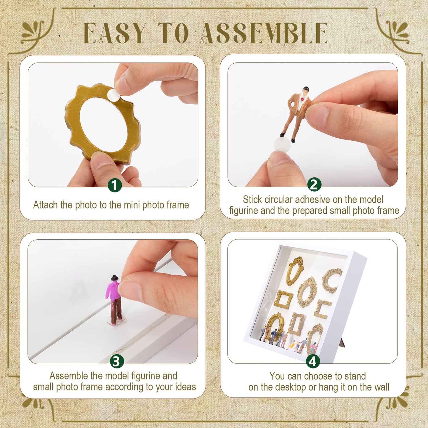 Lineshading DIY Mini Silhouette Shadow Box Museum Frame Kit with 8 Gold Mini Frames and 9 Figurines, Personalized Memory Collage for Anniversary Wedding Birthday Home Decor(White)