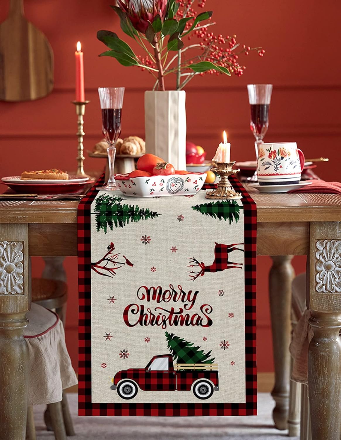 Christmas Truck Cotton Linen Table Runners, 90 Inches Long, Red Buffalo Plaid Non-Slip Burlap for Holiday Decor