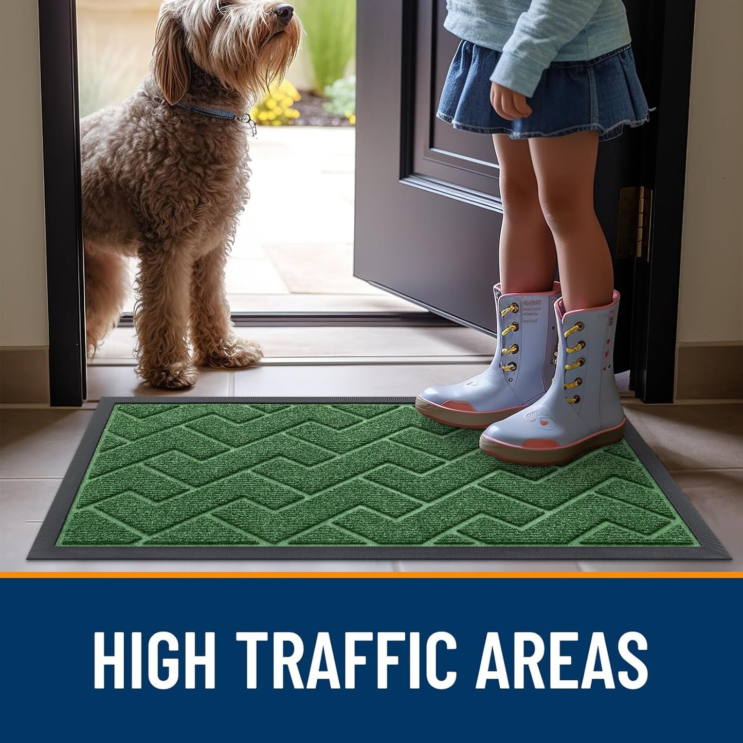 OLANLY Waterproof All-Season Front Door Mat - Sturdy Natural Rubber, Easy Clean Herringbone Design (Green, 59x35)