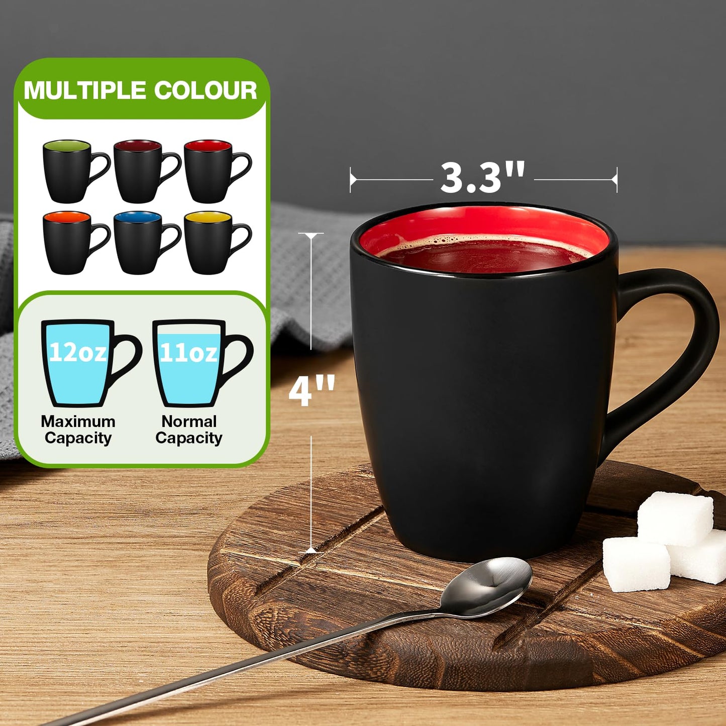 Qipecedm 6 Pack Porcelain Coffee Mugs Set, 12 Ounces Ceramic Coffee Mugs, Matte Black Coffee Mug, Restaurant Cups for Coffee, Tea, Cappuccino, Cocoa, Cereal, Black outside and Colorful inside