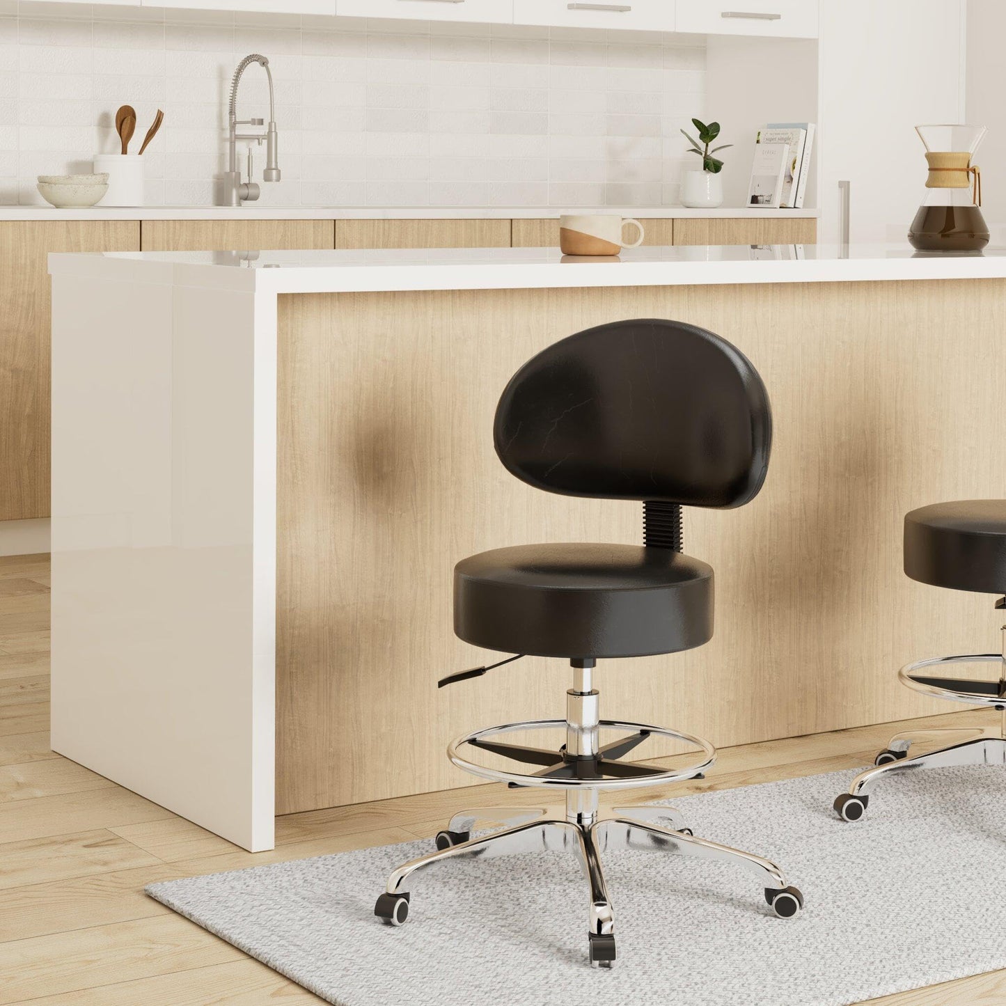 Grace&Grace Height Adjustable Swivel Rolling Stool with Back Extra Thick Seat for Ultimate Comfort for Salon, Studio, Shop, Kitchen (Black,with Foot Rest)