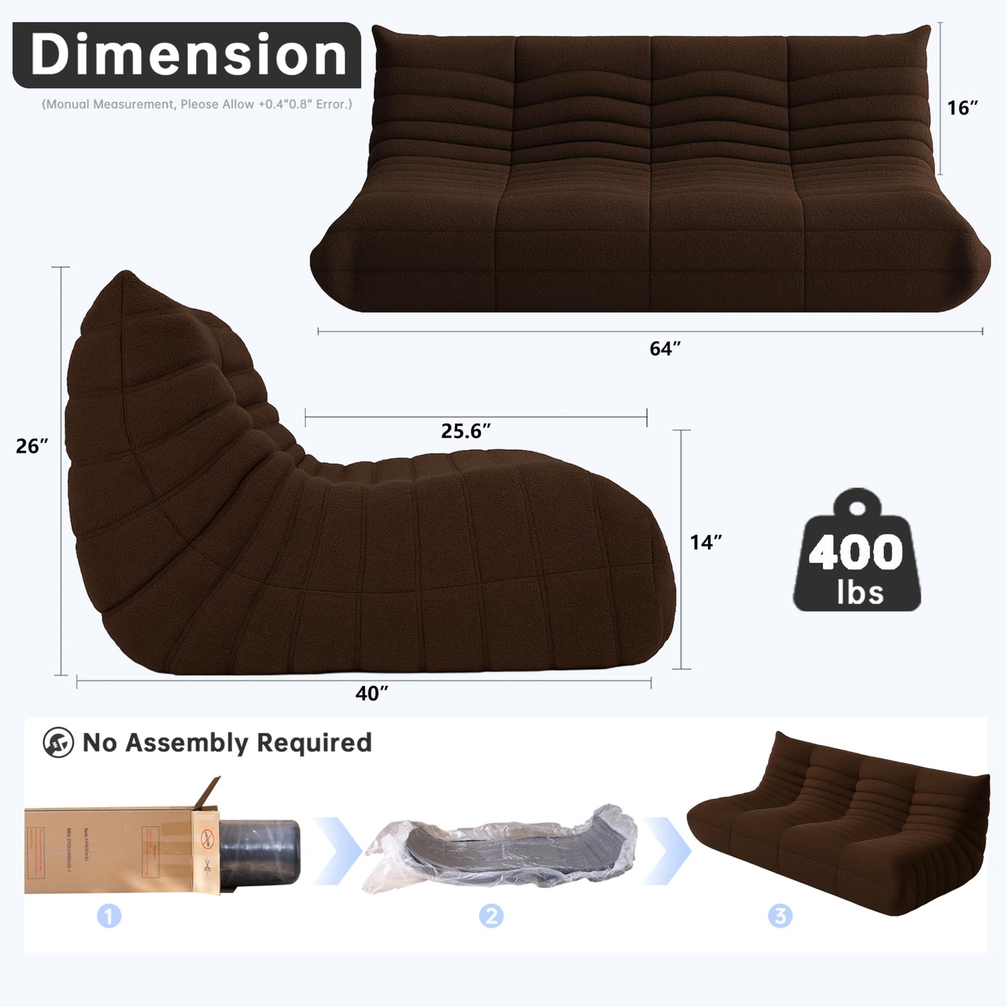 WHGBJA Bean Bag Chairs for Adults, BeanBag Reading Chair Memory Foam Couch 3-Seater, Floor Chair Soft Teddy Material, Comfy Reading Nook Chairs for Bedroom Living Room Office (Coffee)