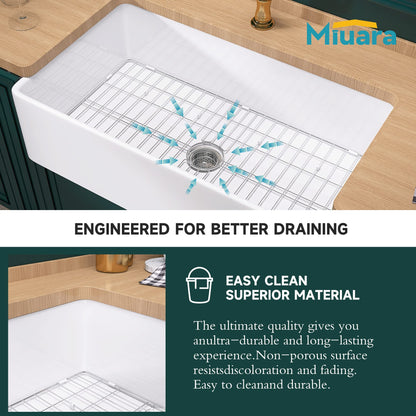Miuara Farmhouse Sink 36 Inch - Extra Large Apron Front Kitchen Sink Reversible 36"x20"x10", Undermount, Farm House Style Deep Single Bowl, Heavy Duty Solid Fireclay, Glossy White, for Kitchen