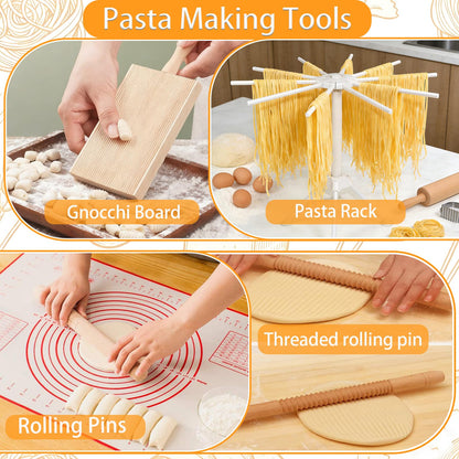 10pcs Pasta Making Tools, Wood Pasta Making Kit with Pasta Drying Rack,Rolling Pins,Gnocchi Board,Dough Cutter,Ravioli Cutter,Pasta Stamps,Making Dumplings .Pasta Making Accessories for Home