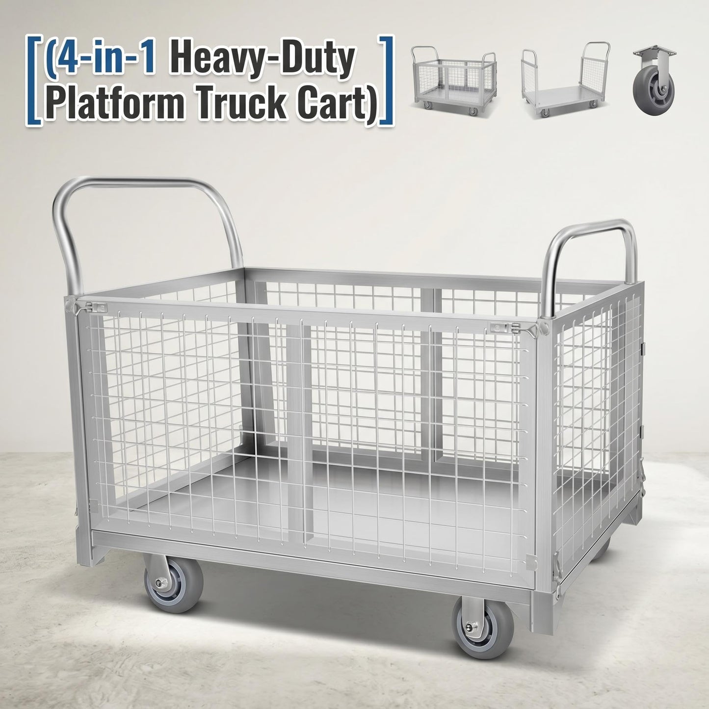 2200 LBS 4-in-1 Cart, Platform Truck Cart with maidian, 360° Direction Wheel Platform cart, Rust Resistant Steel Cage, for Grocery Store, Garage & Warehouse use