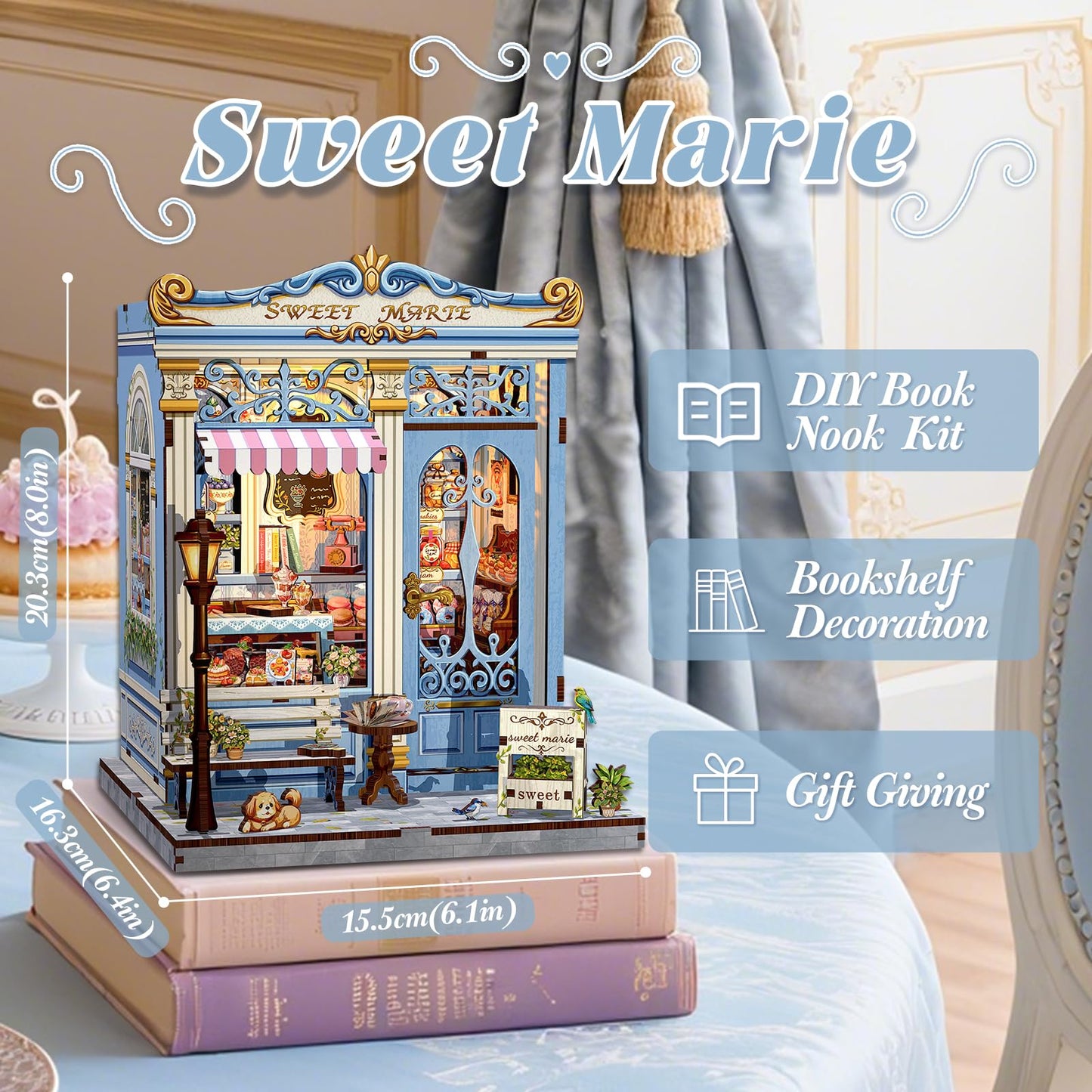 Fsolis Book Nook Kit - DIY Miniature House Kit for Adults, Booknook Bakery Bookshelf 3D Wooden Puzzles Gifts for Women Puzzle Lovers (Sweet Marie)