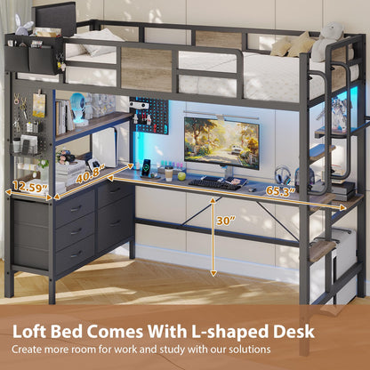 Dnxao Twin Loft Bed with Desk and 5 Storage Drawers,Loft Bed Twin Size with LED Lights and Charging Station, Metal Bunk Bed Frame with Ladder, Clothes Rail,Noise Free,Oak Gray