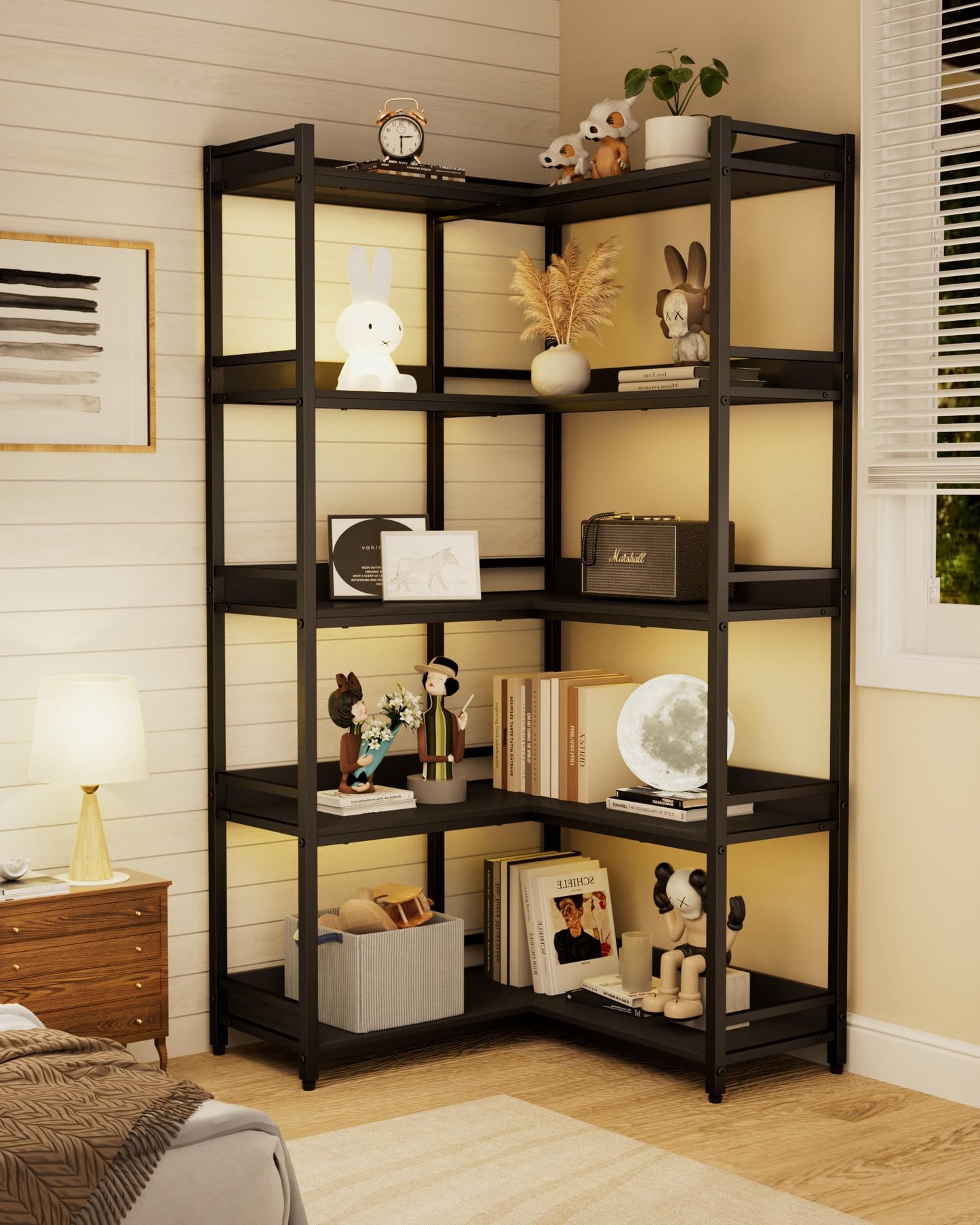 Large 5-Tier Corner Bookshelf - Modern Tall Corner Shelf Storage Display Rack with Sturdy Metal Frame - Perfect for Living Room, Home Office, Books and Decor Display