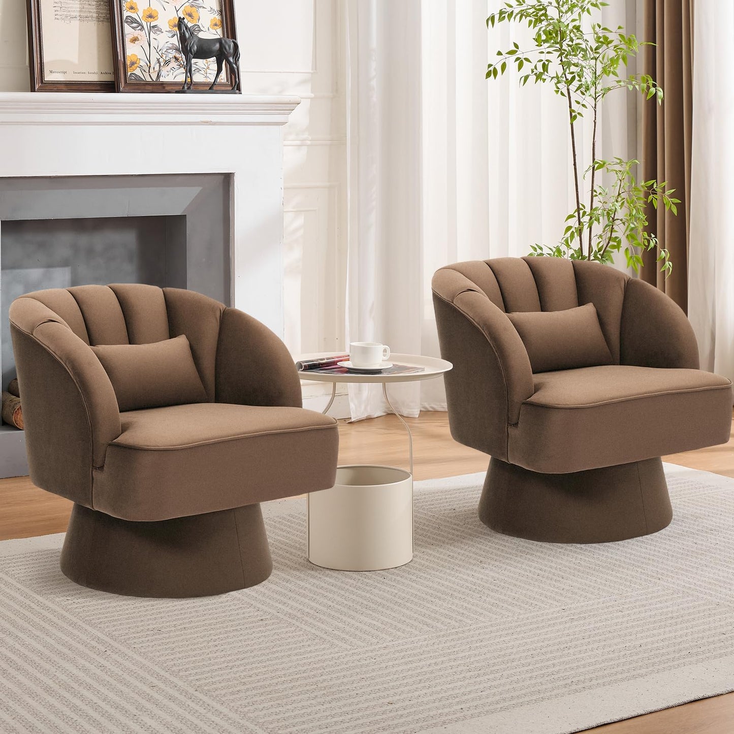 IDEALHOUSE Swivel Accent Chair with Armrests, 360° Mid Century Modern Swivel Barrel Chair, Modern Cozy Velvet Armchair for Living Room, Bedroom, Small Space, Brown