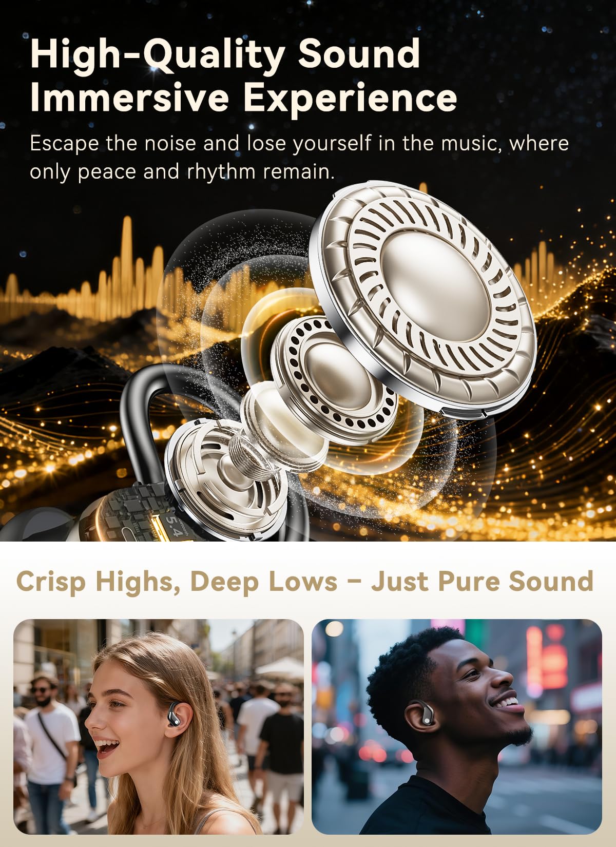 jaddsa Wireless Earbuds, ENC Noise Cancelling Ear Buds with Smart Touchscreen, Bluetooth 5.4 Headphones, Bass Stereo Sound Over-Ear Earbuds, 5 EQ Modes for Sports/Travel/Gym- Jet Black