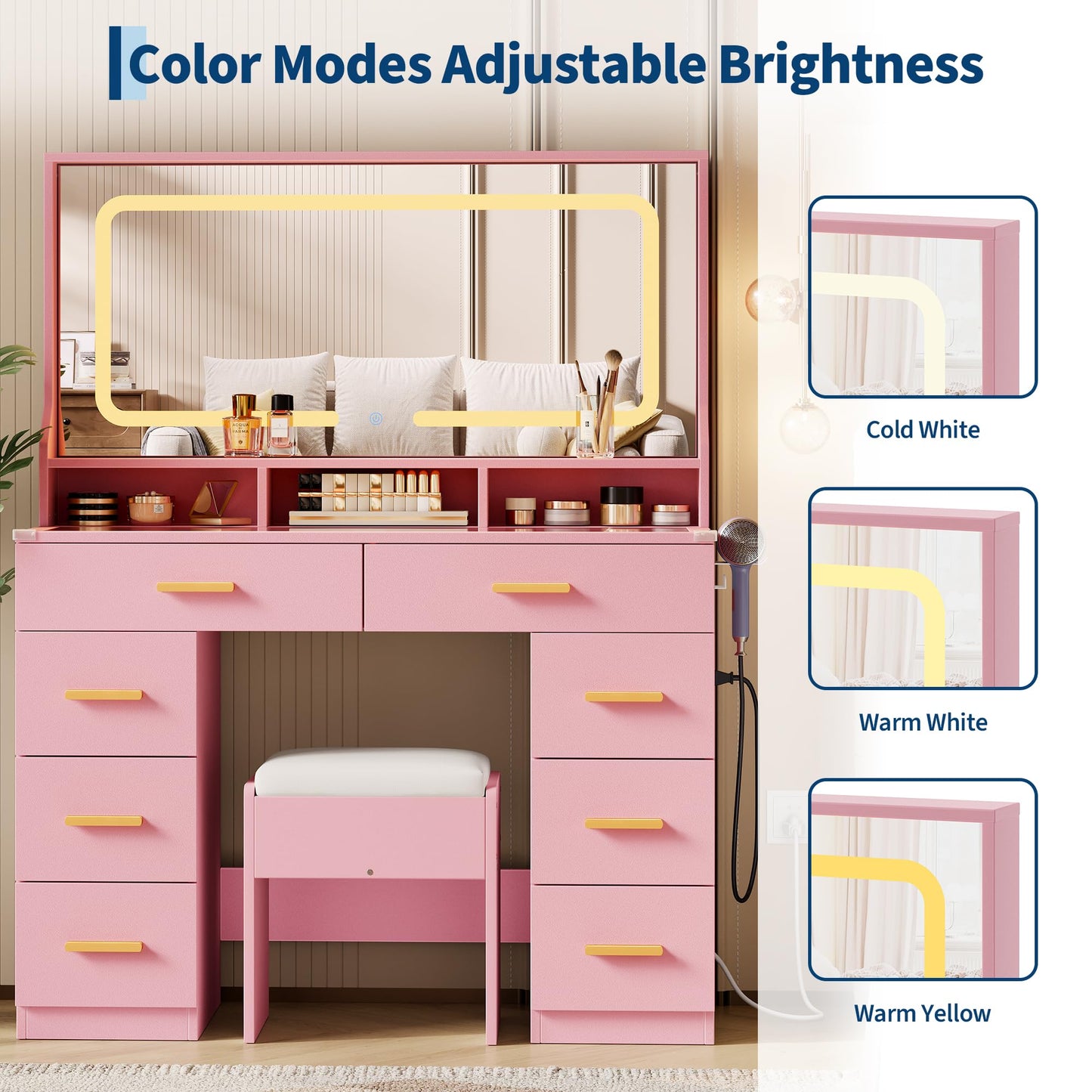 GAOMON Makeup Vanity Desk with Large Lighted Mirror, Vanity Desk with Glass Tabletop, 8 Drawers & 3 Storage Shelves, Vanity Set with Built-in Power Outlet for Bedroom & Dressing Area, Pink