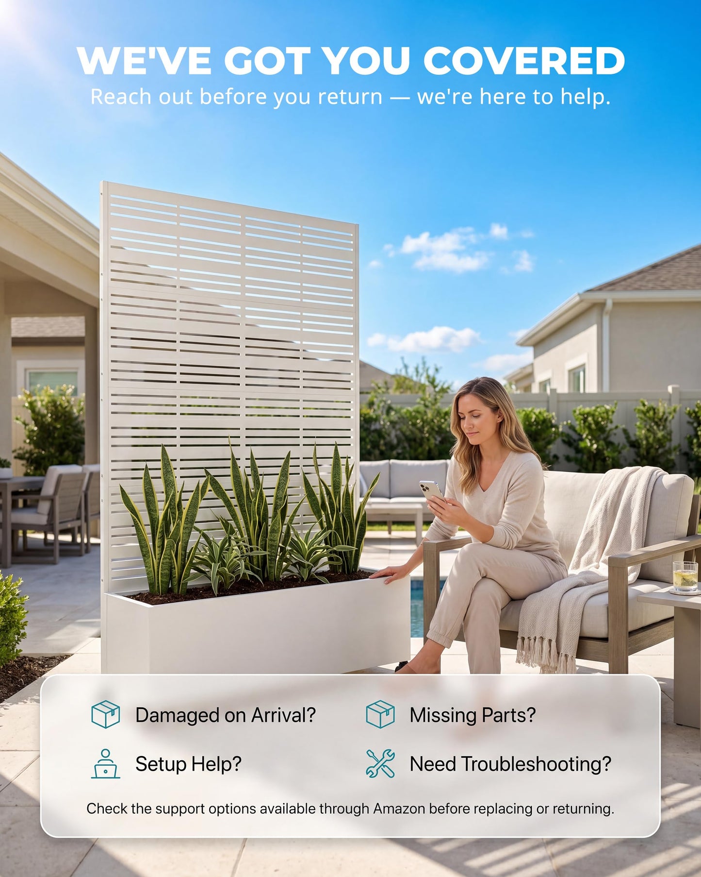 TinFrey Metal Raised Garden Bed with Trellis, 73"×47"×16" Louvered Privacy Screen Planter Box on Wheels with Drainage Holes, Easy Assembly Outdoor Planter for Patio, Deck, Balcony, Backyard - White