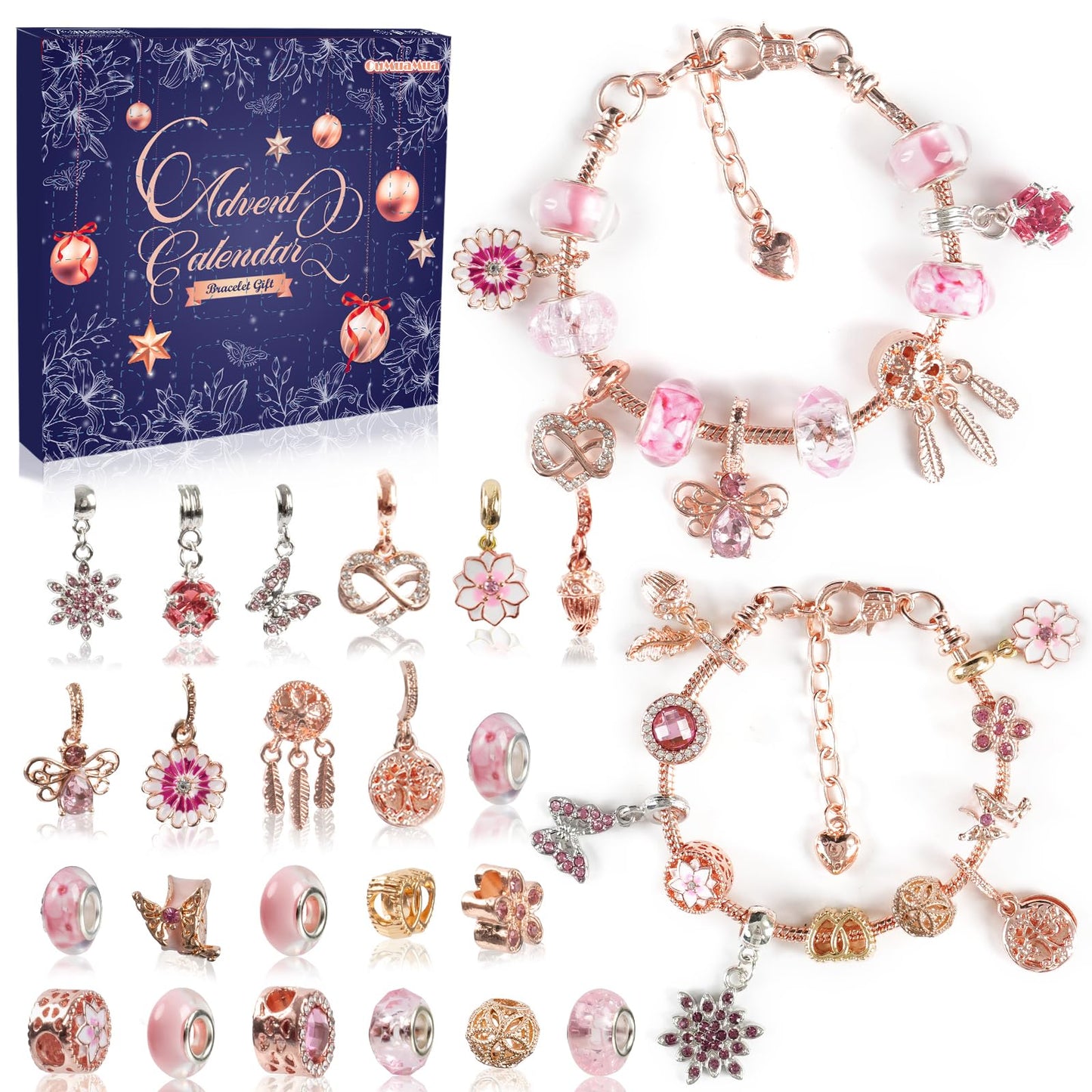 Advent Calendar Charm Bracelets 2026 for Girls, 24 Days Christmas Countdown Calendar with Rose Gold DIY Bracelets Jewelry Making Kit for Xmas Gift Kids Teens Adults