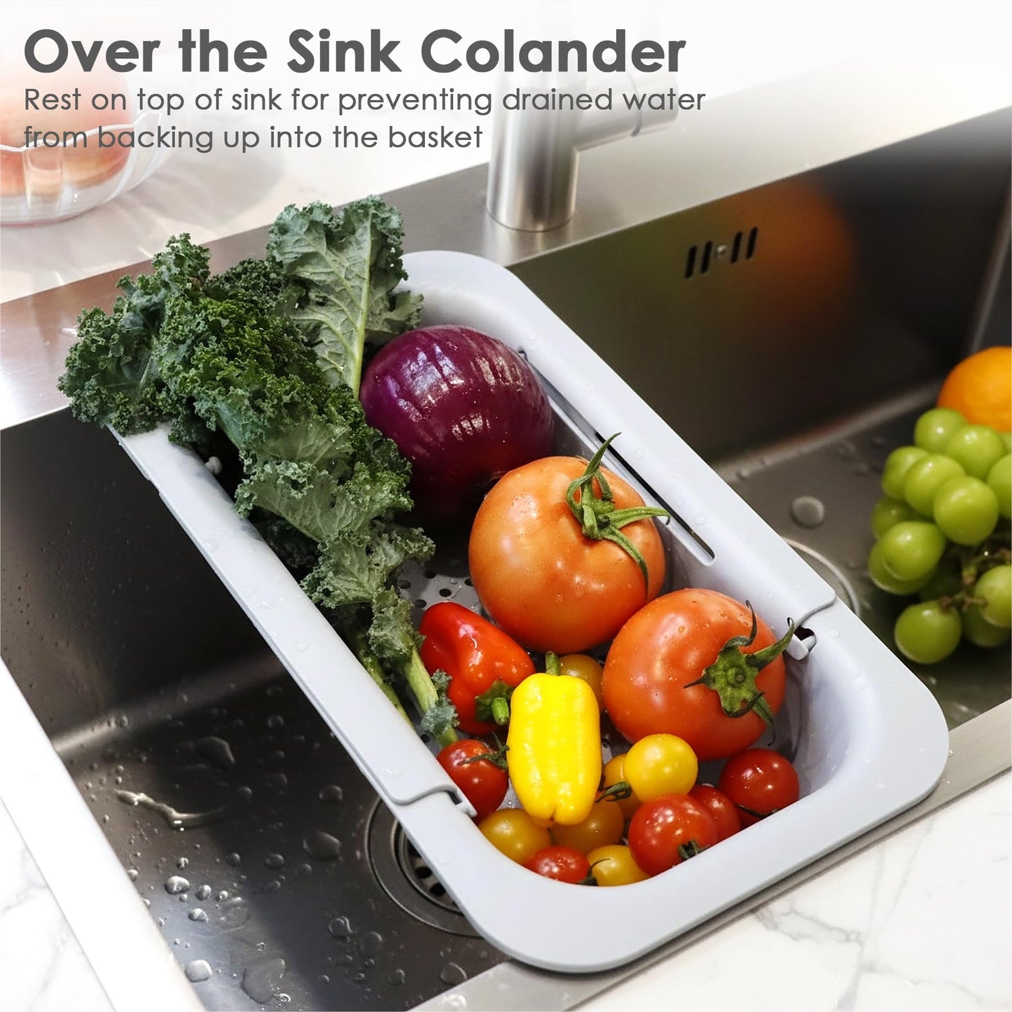 Extendable Colander Strainer Basket, Over the Sink Colander and Strainer for Kitchen, Wash Vegetables and Fruits, Drain Pasta and Dry Dishes, Adjustable Colander from 13.5In to 18.7In, Gray