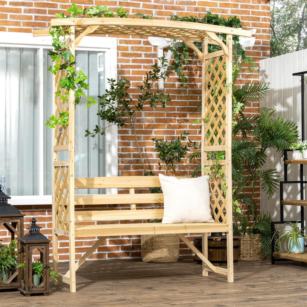 Wooden Outdoor Bench for Grape Vines & Climbing Plants, Backyard Decor,Patio Garden Arbor with Bench,Side Trellises for Climbing Plants, Patio Garden Bench Arbor Arch with Pergola and Trellises
