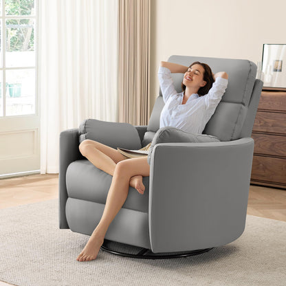 GRAINELL Oversize Power Swivel Recliner, 40in Wide Electric Glider Rocking Chair with Headrest Adjustment, USB Port, 270° Swivel, Rock 30°– for Living Room, Nursery, Leather Grey (5"7' to 6"1' Height)