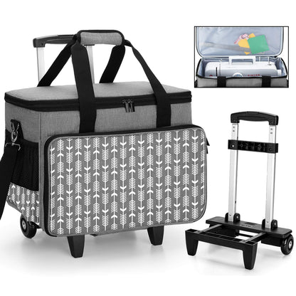 Yarwo Upgraded Rolling Sewing Machine Carrying Case, Detachable Trolley Tote Bag with Removable Bottom Board and Thickened Trailer Leg for Most Standard Sewing Machine and Accessories, Gray with Arrow