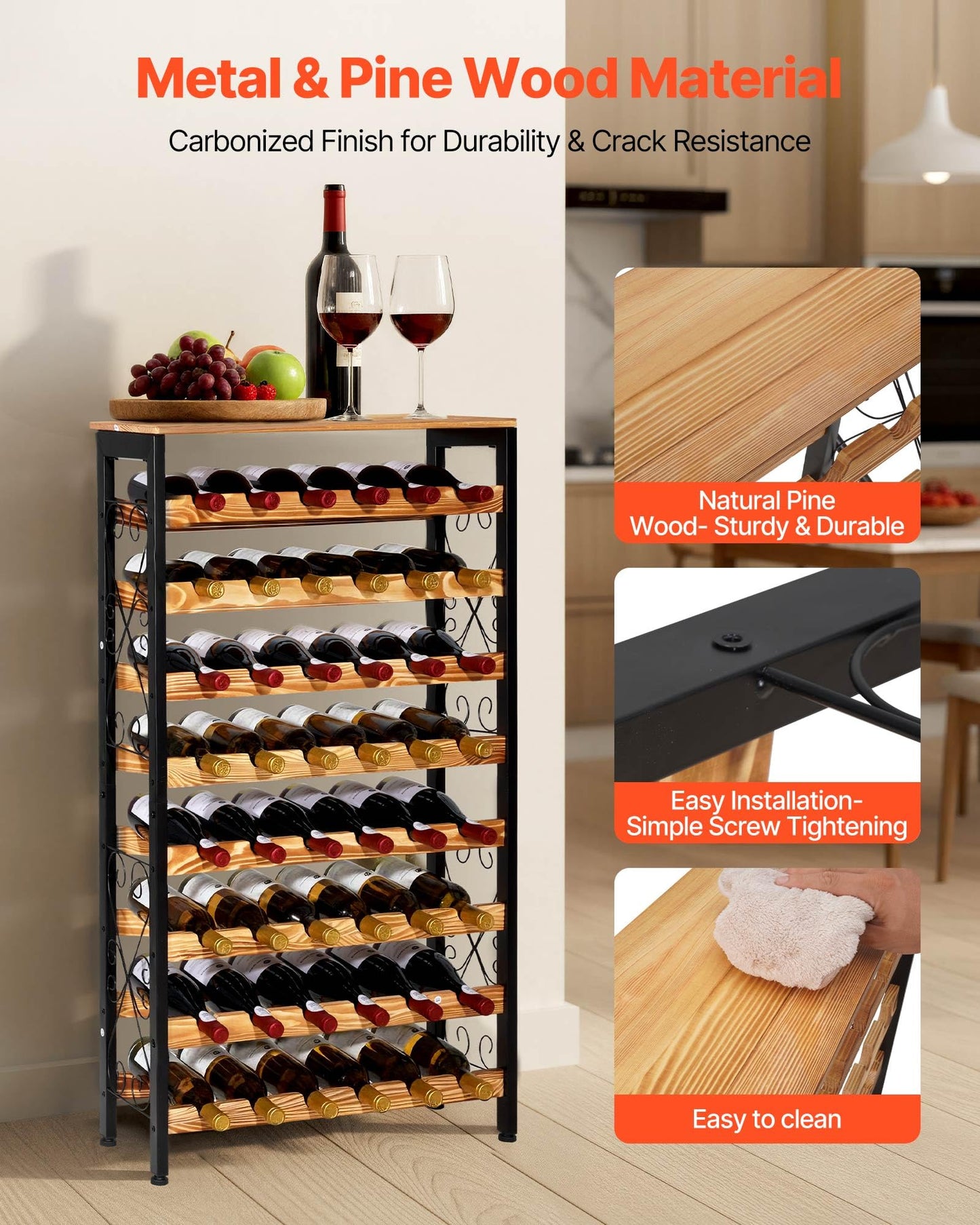 VEVOR 48 Bottle Wine Rack,8-Tier Iron Wine Bottle Holder with Wood Table Top,Freestanding Floor Display Wine Storage Shelves,for Kitchen Pantry, Cellar, Bar, Dining Room,26''L X 9.3''W X 46.9''H