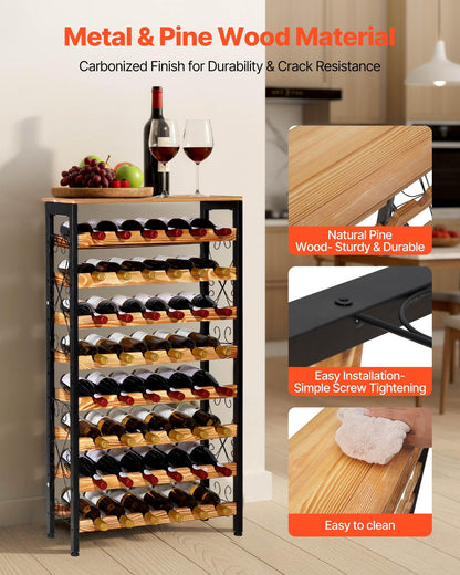 VEVOR 48 Bottle Wine Rack,8-Tier Iron Wine Bottle Holder with Wood Table Top,Freestanding Floor Display Wine Storage Shelves,for Kitchen Pantry, Cellar, Bar, Dining Room,26''L X 9.3''W X 46.9''H