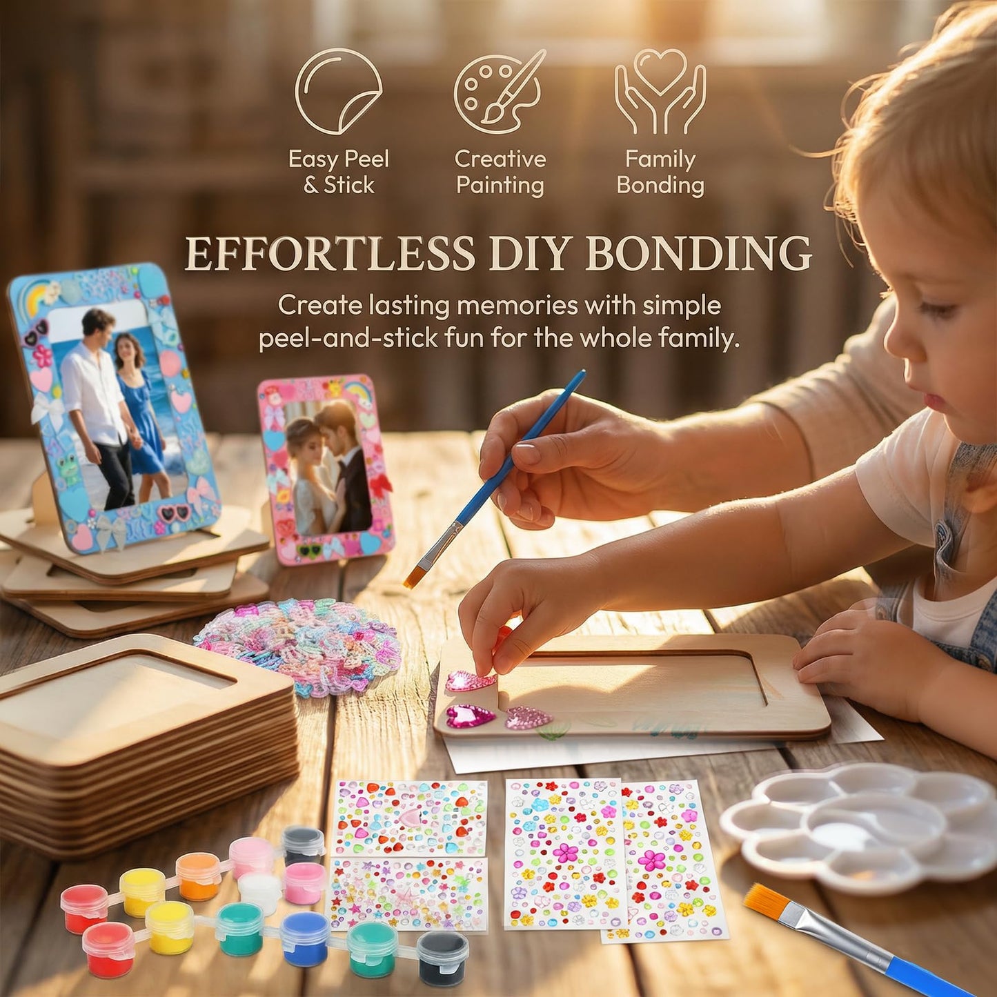 Picture Frame Painting Craft Kit,24 Pack Unfinished Wooden Picture Frames 4 x 6 Inch with Pearl Resin Diamond and Foam Stickers for DIY Paint and Decorate Craft Birthday Wedding Gifts