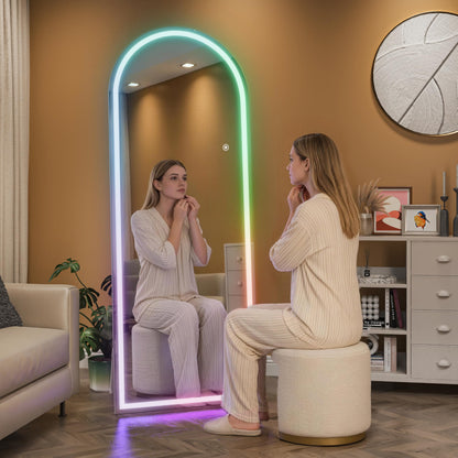 Hasipu Arch Full Length Mirror 75 x 28 in with Stand — Arch LED RGB Full Body Mirror, 7 Lighting Modes, Dimmable, Built‑in Bluetooth Speaker, White Frame for Bedroom Dressing Room