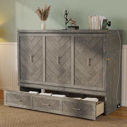 DNYN Queen Size Murphy Bed with Storage Drawer and Built-in Charging Station for Bedroom/Guest Room, Space-Saving Foldable Pine Wood Cabinet Bed with USB Ports, No Box Spring Needed
