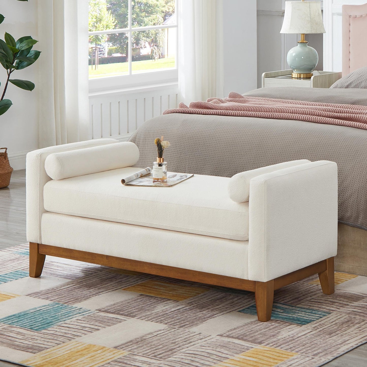 GDFStudio Large Upholstered Boucle Ottoman Bench with Pillows, Padded Window Bench with Armrests for Living Room and Entryway, Ivory