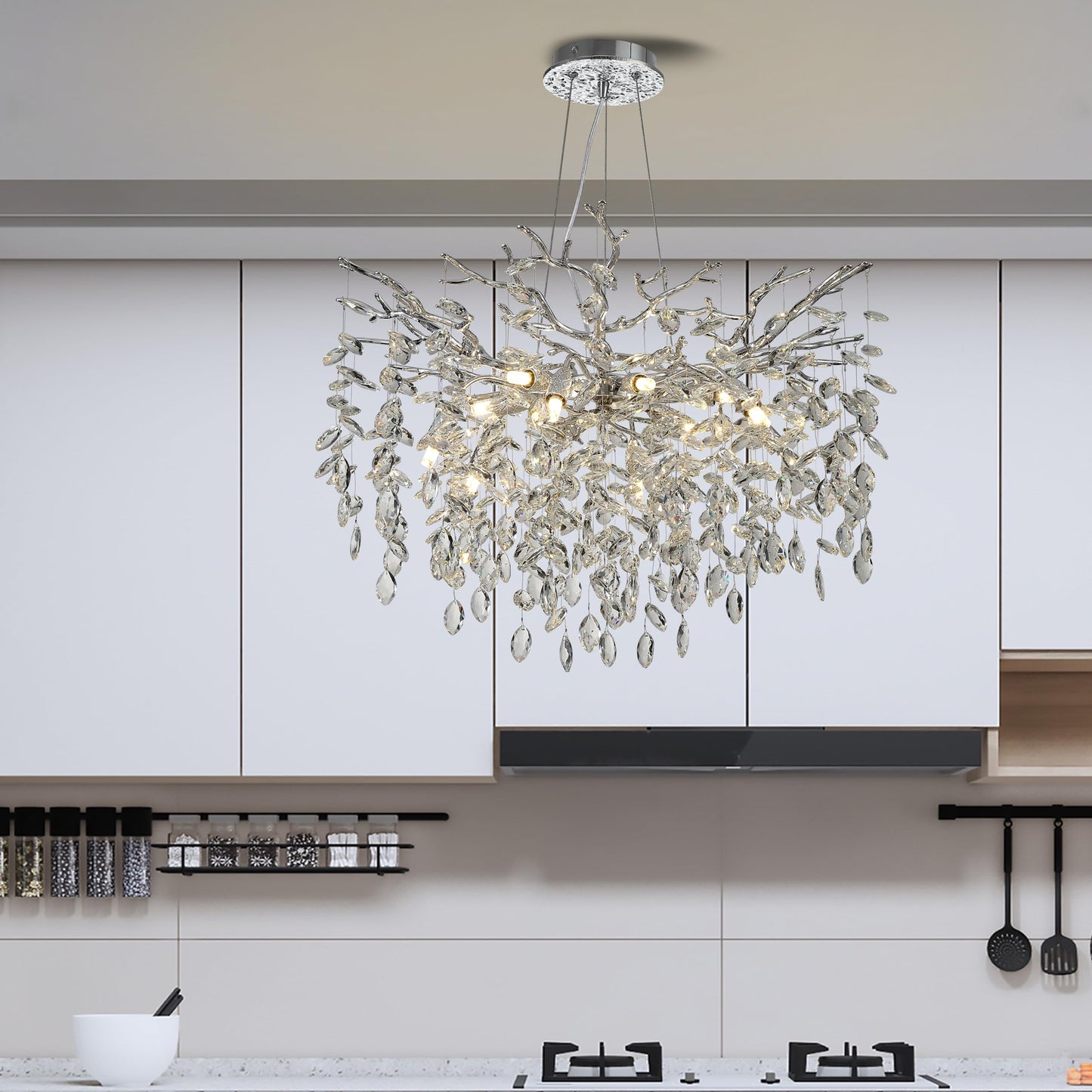 KVTOEP Modern Crystal Tree Branches Chandelier, 30in Silver 10 Lights Large Ceiling Hanging Light for Dining Room, Round Raindrop Pendant Light Fixture