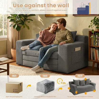 feliz home Boneless Loveseat Sofa Bed, Tri-Folding Convertible Futon Sleeper with Handle & Side Pockets, 54'' Boneless Couch with Hook and Loop No Assembly for Small Space,Living Room & Bedroom